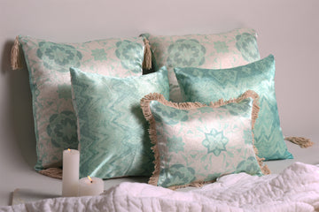 Luxury Satin Aqua and White Curated Set of 5 Reversible Cushions