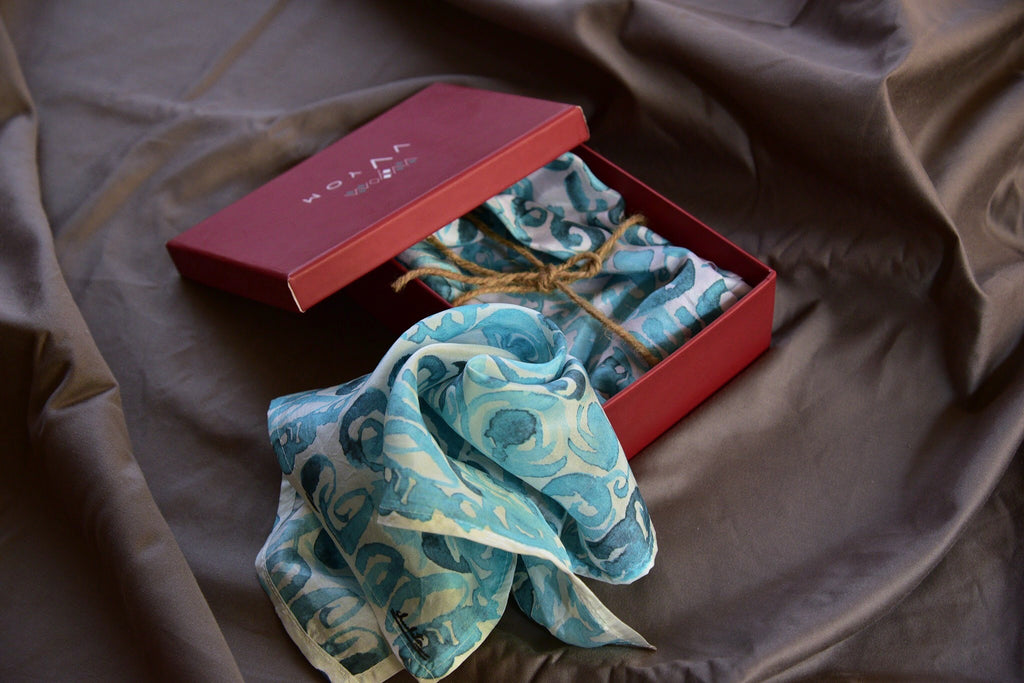 Water Swirls white and Aqua Blue Printed Pure Silk Scarf and Pocket Square Gift Set