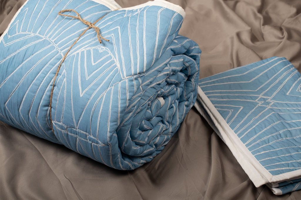 Buy Blue Quilted Bedcover With Pillow Covers
