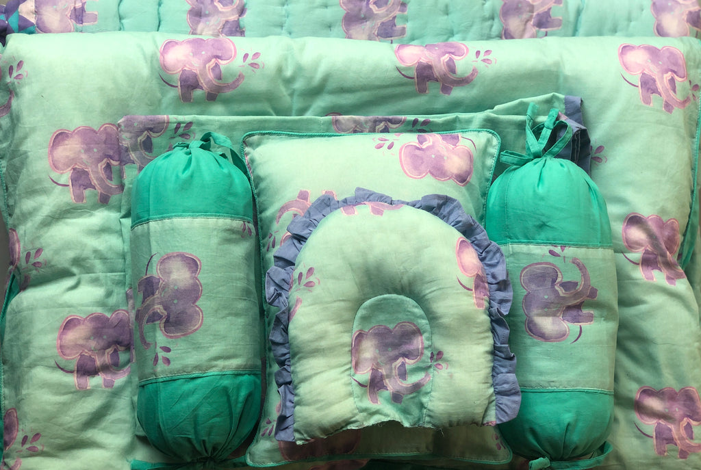 Aqua And Purple Baby Elephant Printed Baby Bedding Set Of 7 Pcs