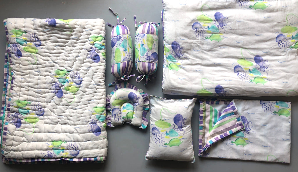 White And Blue Underwater Printed Baby Bedding Set Of 7 Pcs