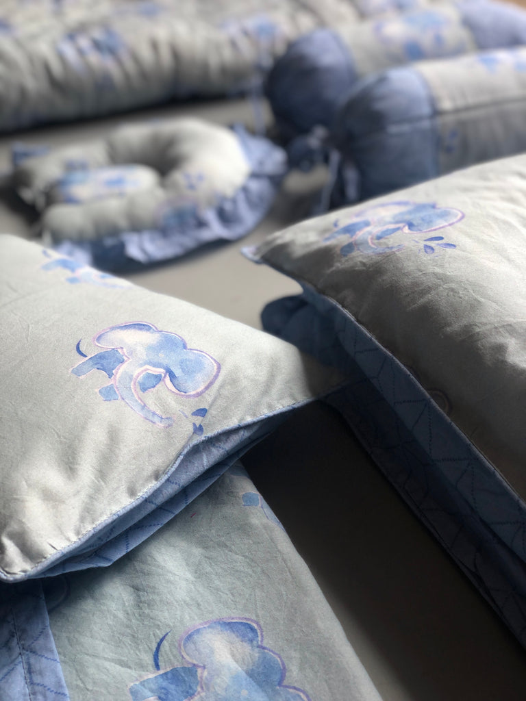 Grey And Blue Baby Elephant Printed Baby Bedding Set Of 7 Pcs