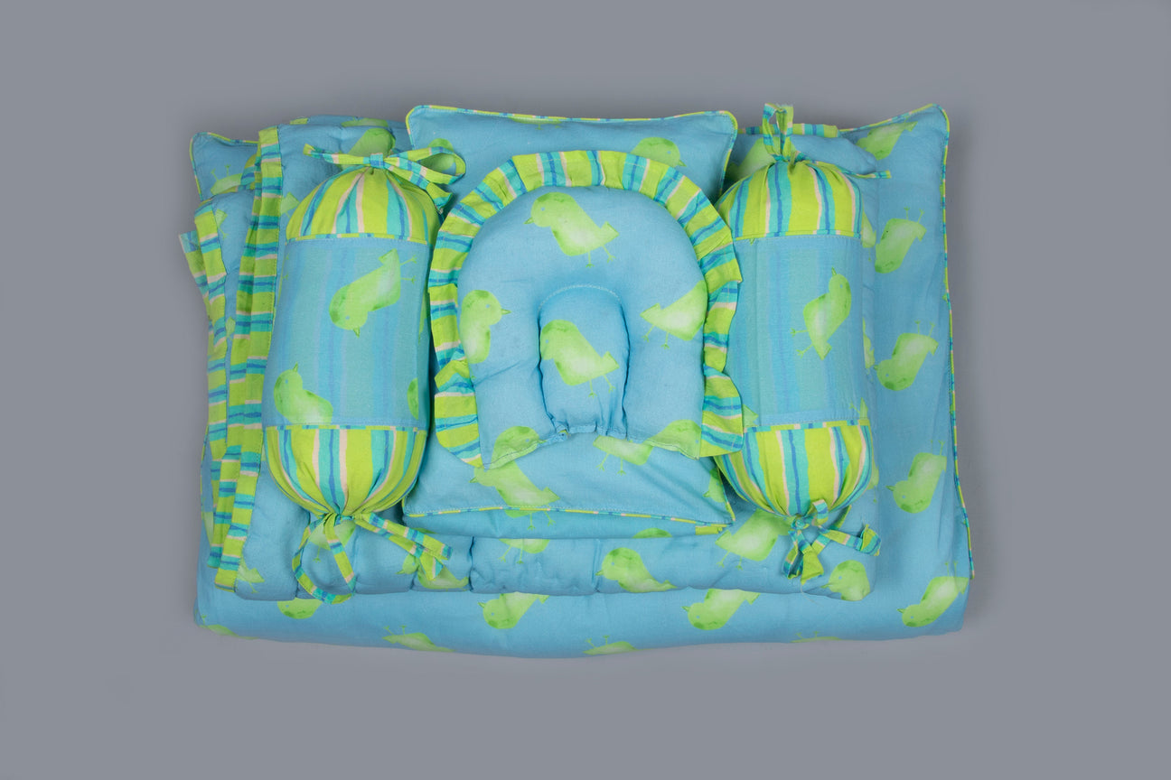 Aqua And Lime Green Little Bird Printed Baby Bedding Set Of 7 Pcs