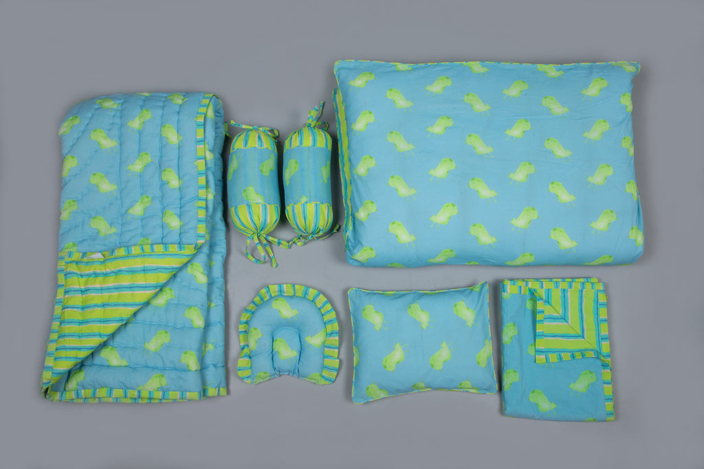 Aqua And Lime Green Little Bird Printed Baby Bedding Set Of 7 Pcs