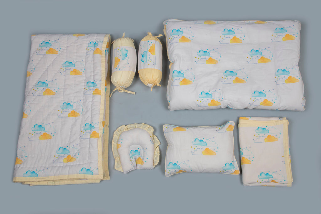 White And Yellow Cloud Printed Baby Bedding Set Of 7 Pcs