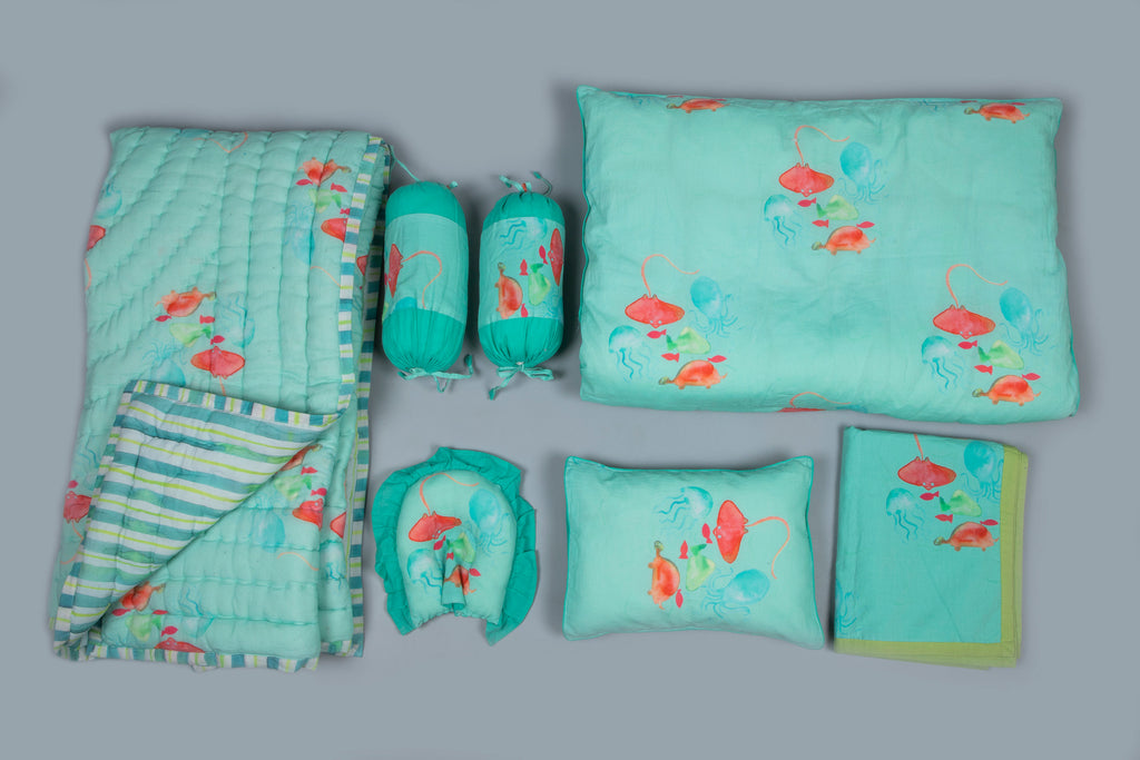 Buy Aqua Underwater Printed Baby Bedding Set Of 7 Pcs
