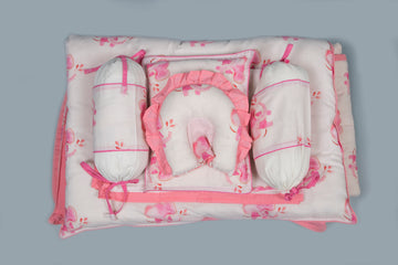 White And Pink Baby Elephant Printed Baby Bedding Set Of 7 Pcs
