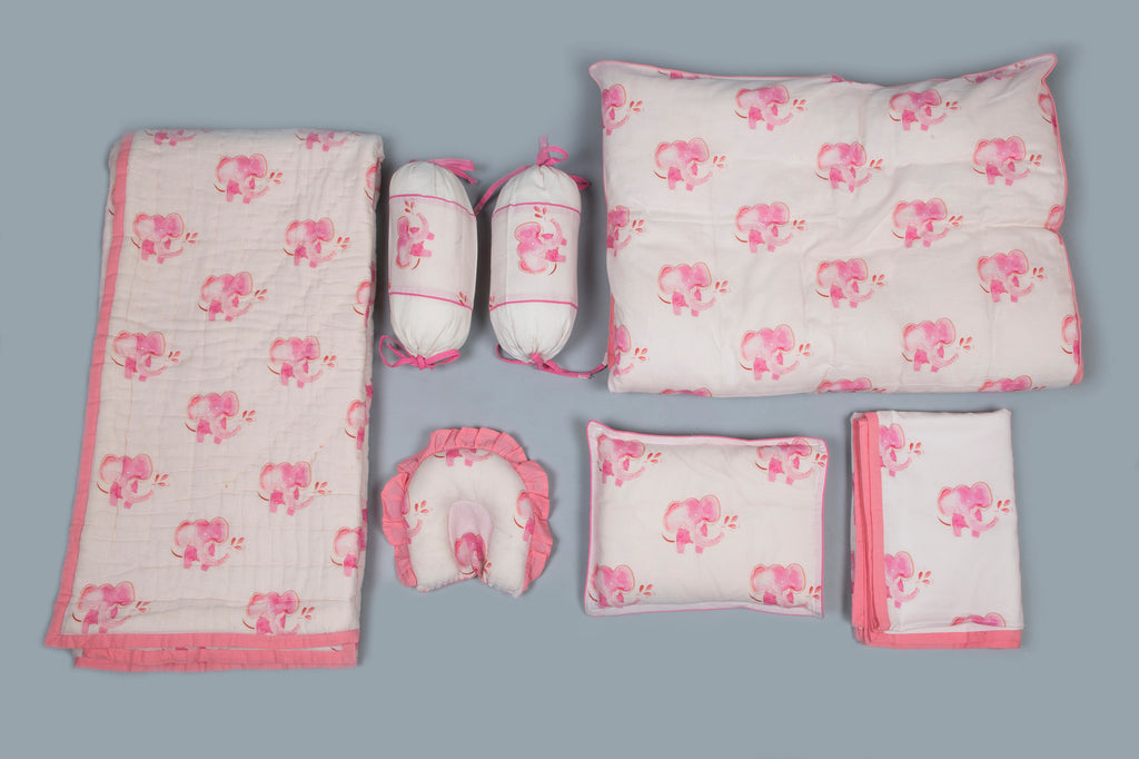 White And Pink Baby Elephant Printed Baby Bedding Set Of 7 Pcs