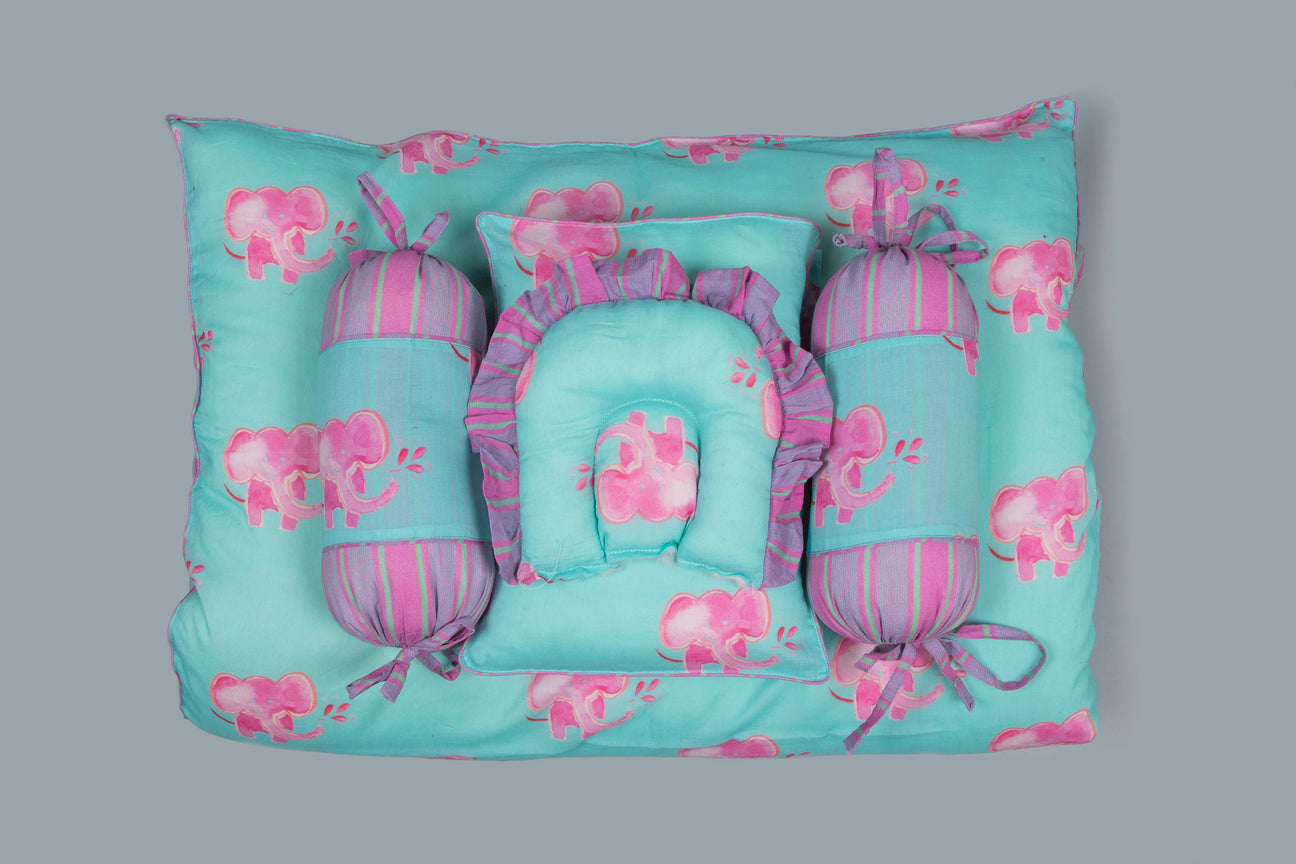 Aqua And Pink Baby Elephant Printed Baby Bedding Set Of 7 Pcs
