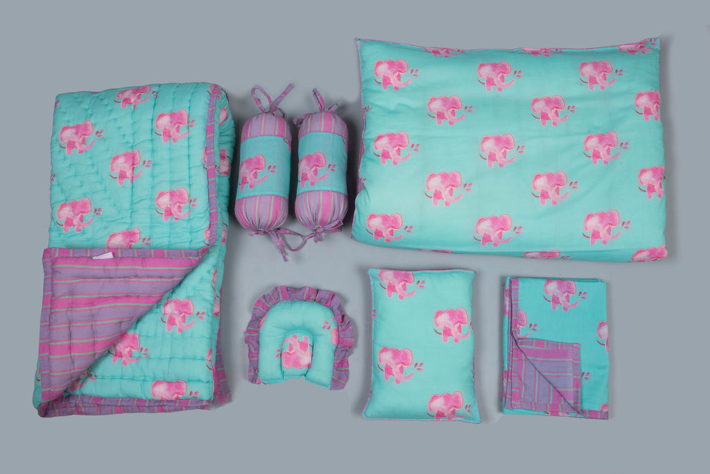 Buy Aqua And Pink Baby Elephant Printed Baby Bedding Set Of 7 Pcs