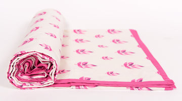 White And Pink Leaves Printed Duvet/ Dohar