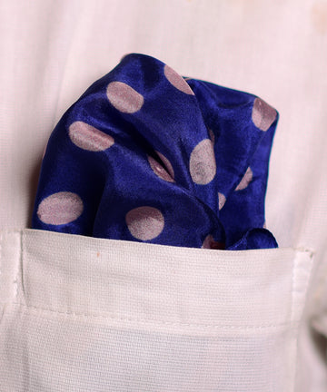 Blue Polka Dot Printed Pure Silk Pocket Square.