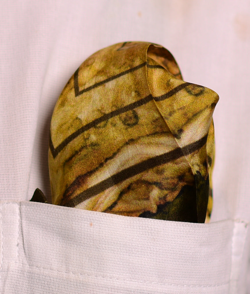 Brown And Golden Yellow Square Printed Pure Silk Pocket Square.