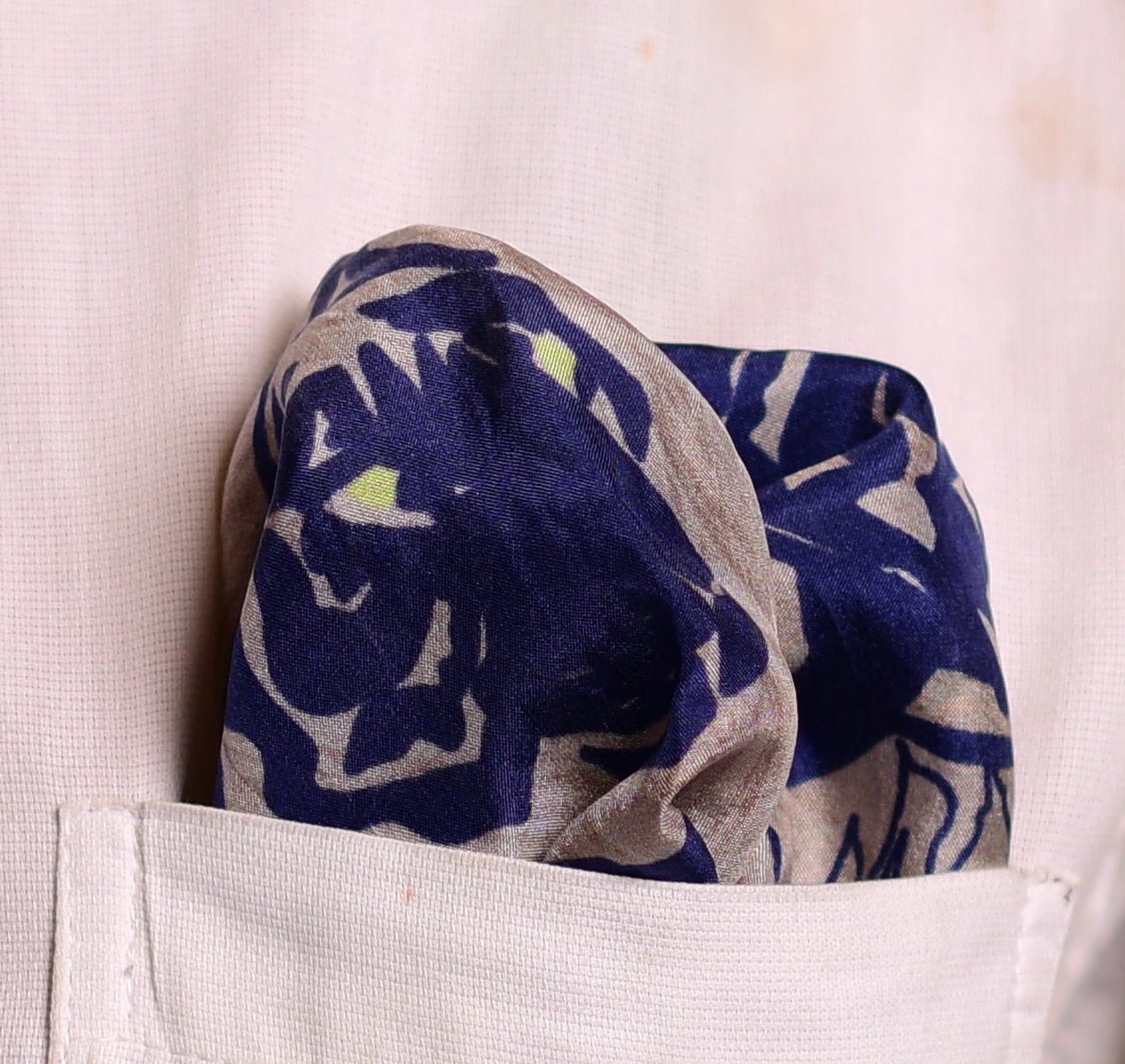 Grey And Blue Lion Printed Pure Silk Pocket Square.