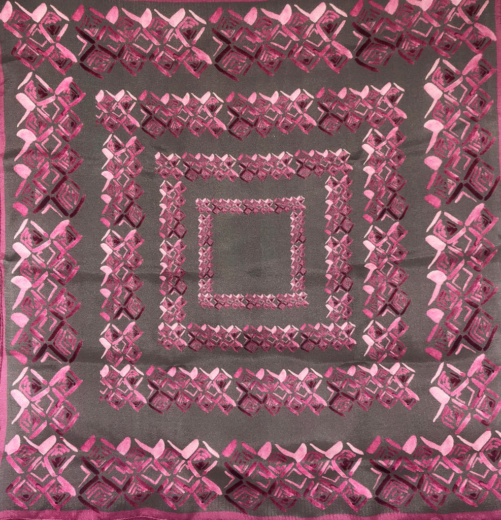 Grey And Rose Pink Colour Story Geometric Printed Pure Silk Pocket Square.