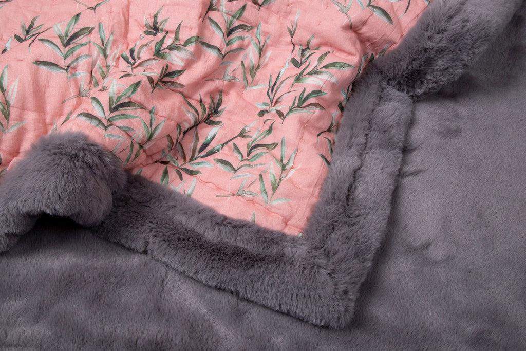 Peach Coral Leaves Printed Two In One Fur Quilt