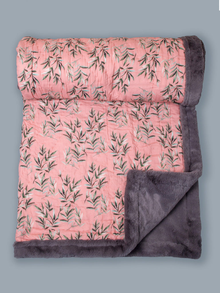 Peach Coral Leaves Printed Two In One Fur Quilt