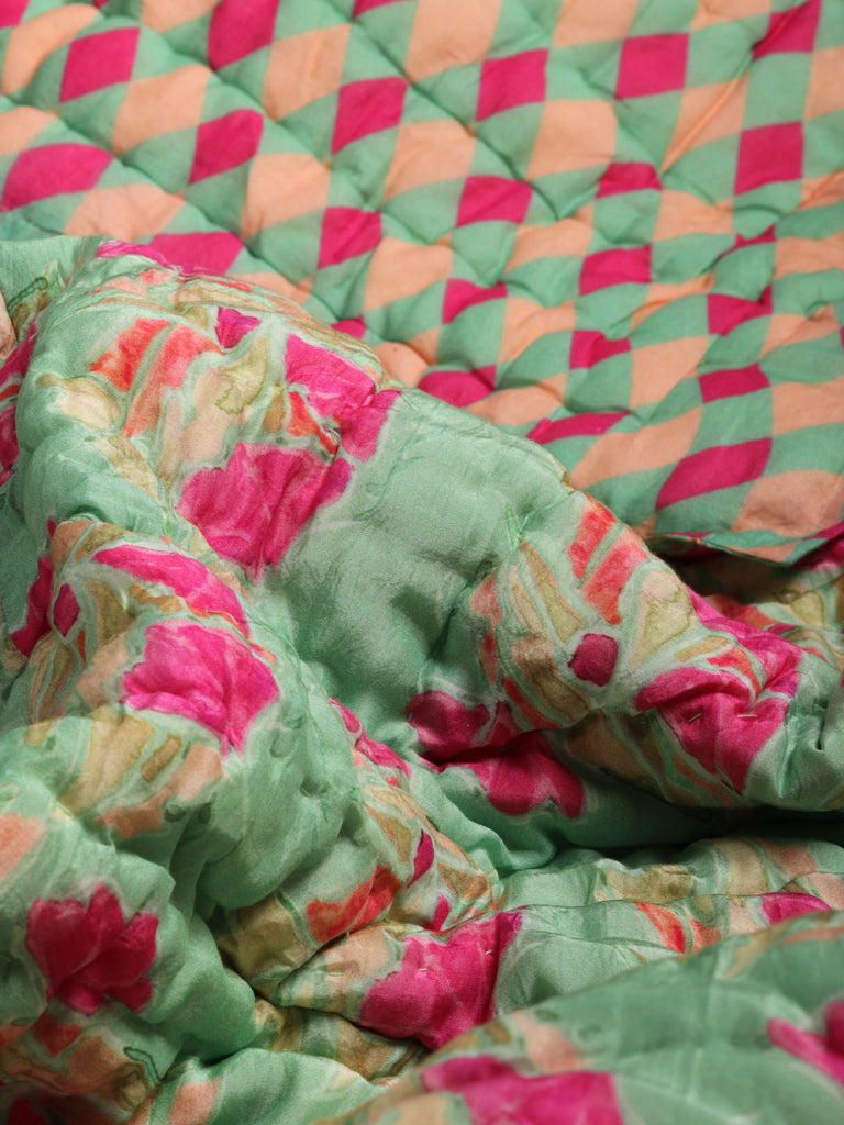 Hot Pink and Green Floral and geometrical printed reversible Cotton Silk Quilt | Jaipuri Razai