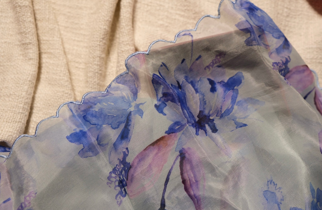 Floral Blue Printed organza silk blend Stole / Dupatta Gift Box