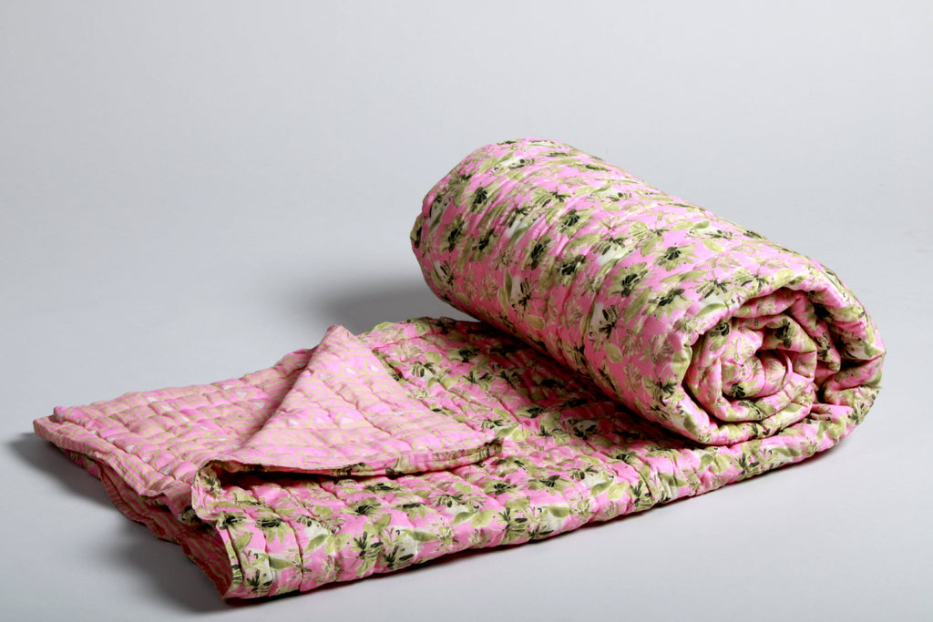 Lemonade Party Floral and geometrical printed reversible Cotton Silk Quilt | Jaipuri Razai