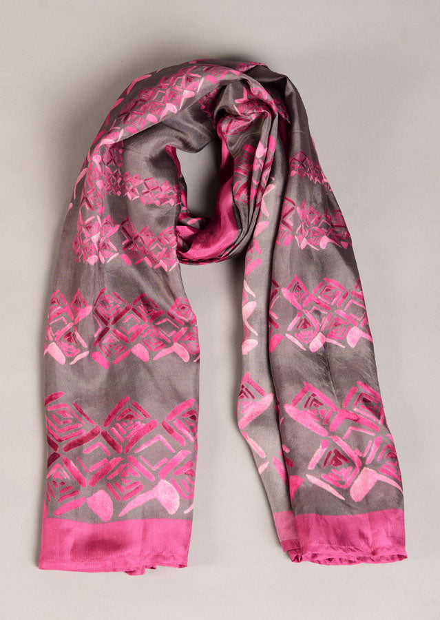Grey And Rose Pink Colour Story Geometric Printed Pure Silk Scarf