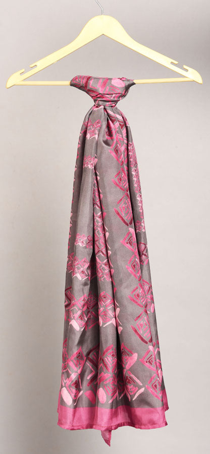 Grey And Rose Pink Colour Story Geometric Printed Pure Silk Scarf