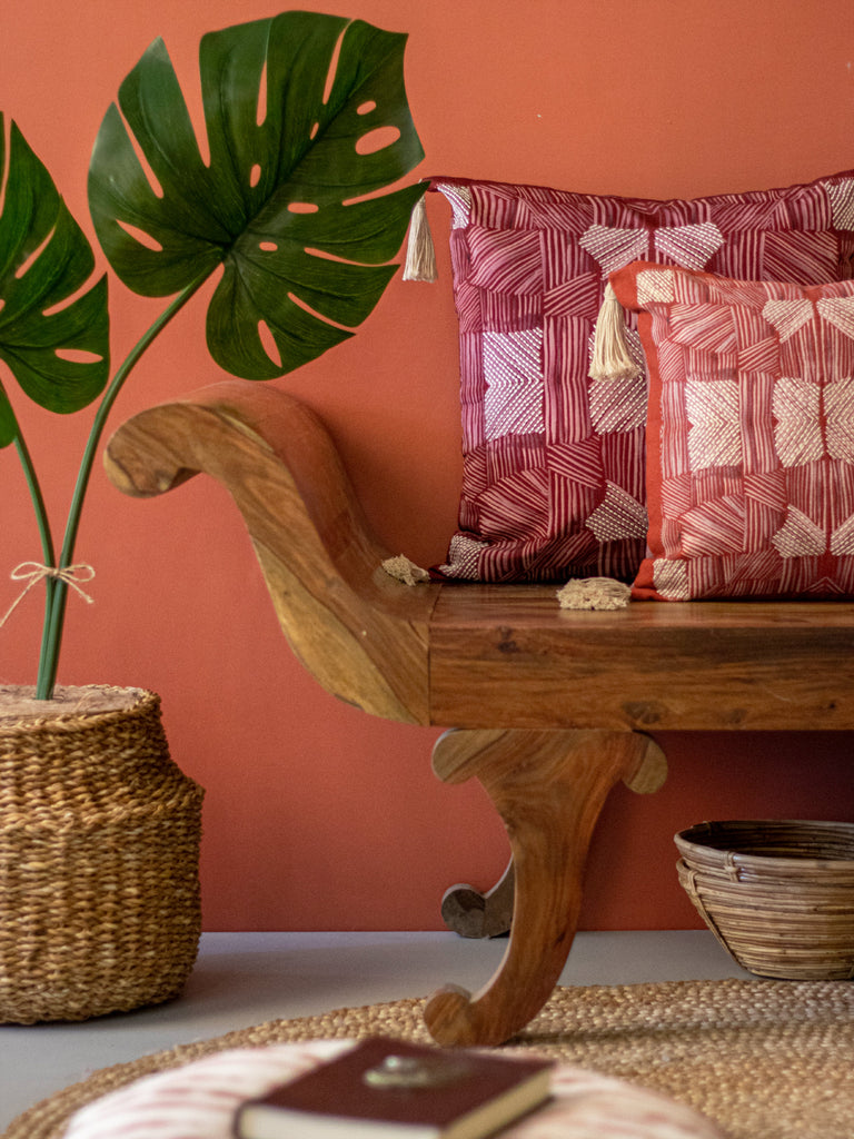 Scarlet Red Abstract Colour Wheel Silk Cushion Cover Embroidered with Tassels