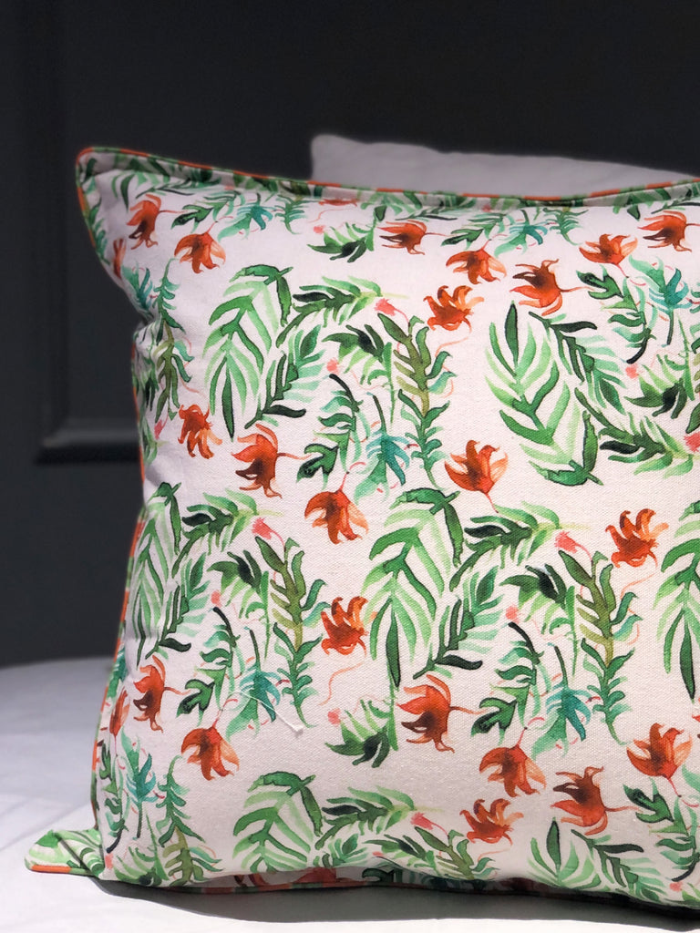White and Red leaves Printed Cushion Cover
